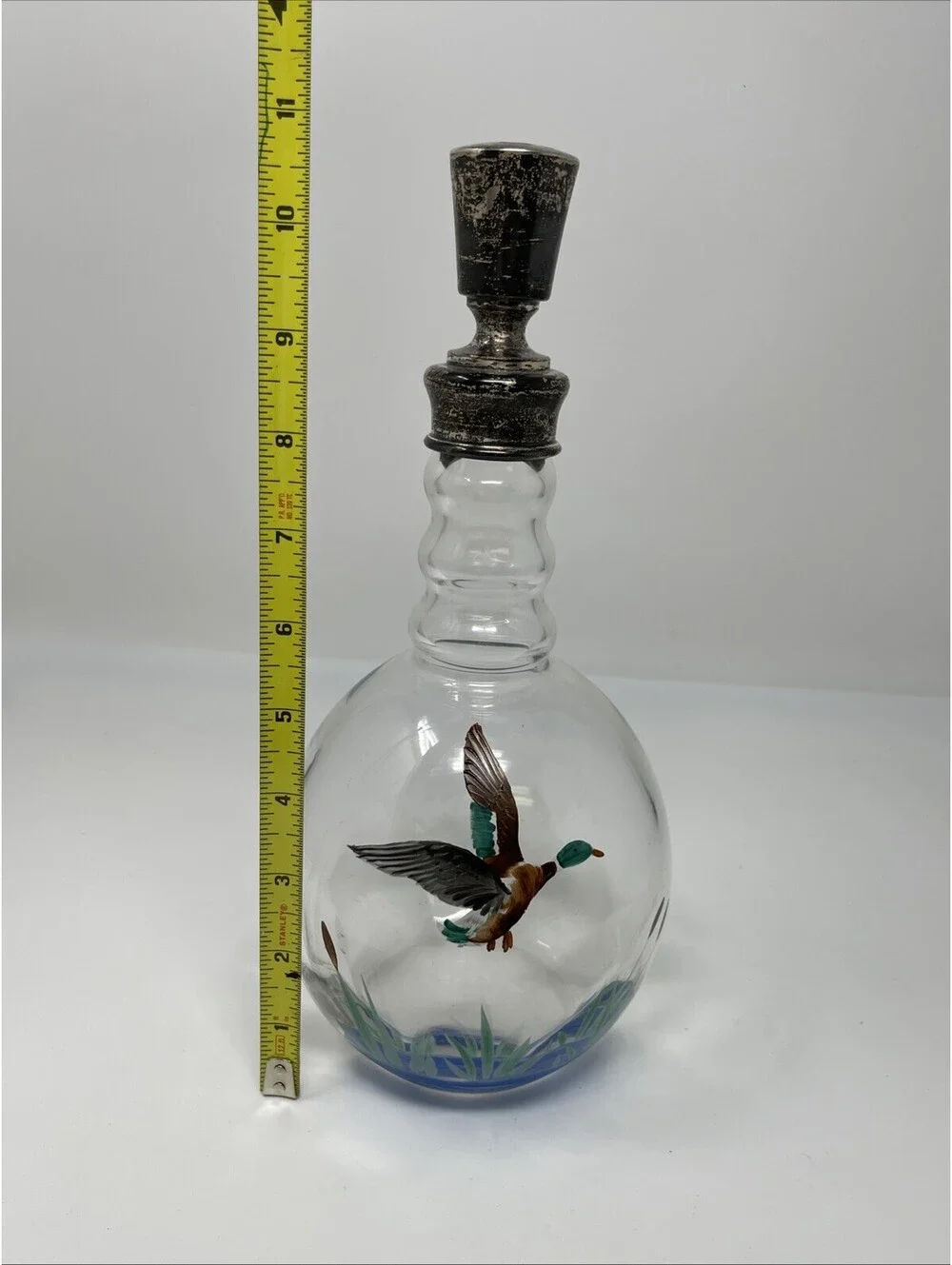 Vintage Hand Painted Mallard Duck Glass Decanter with Decorative Stopper